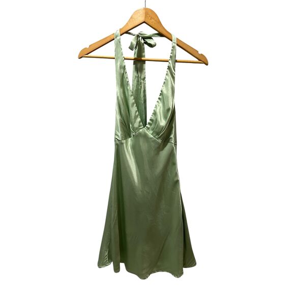 Hello Molly Green Satin Halter Mini Dress Size 4 Open Back Party Date Night - Picture 1 of 8